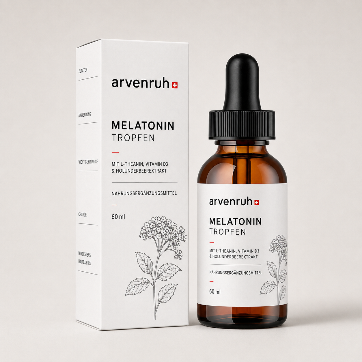 arvenruh. melatonintropfen nr. 03 — braunglasflasche mit pipette neben der weissen schachtel