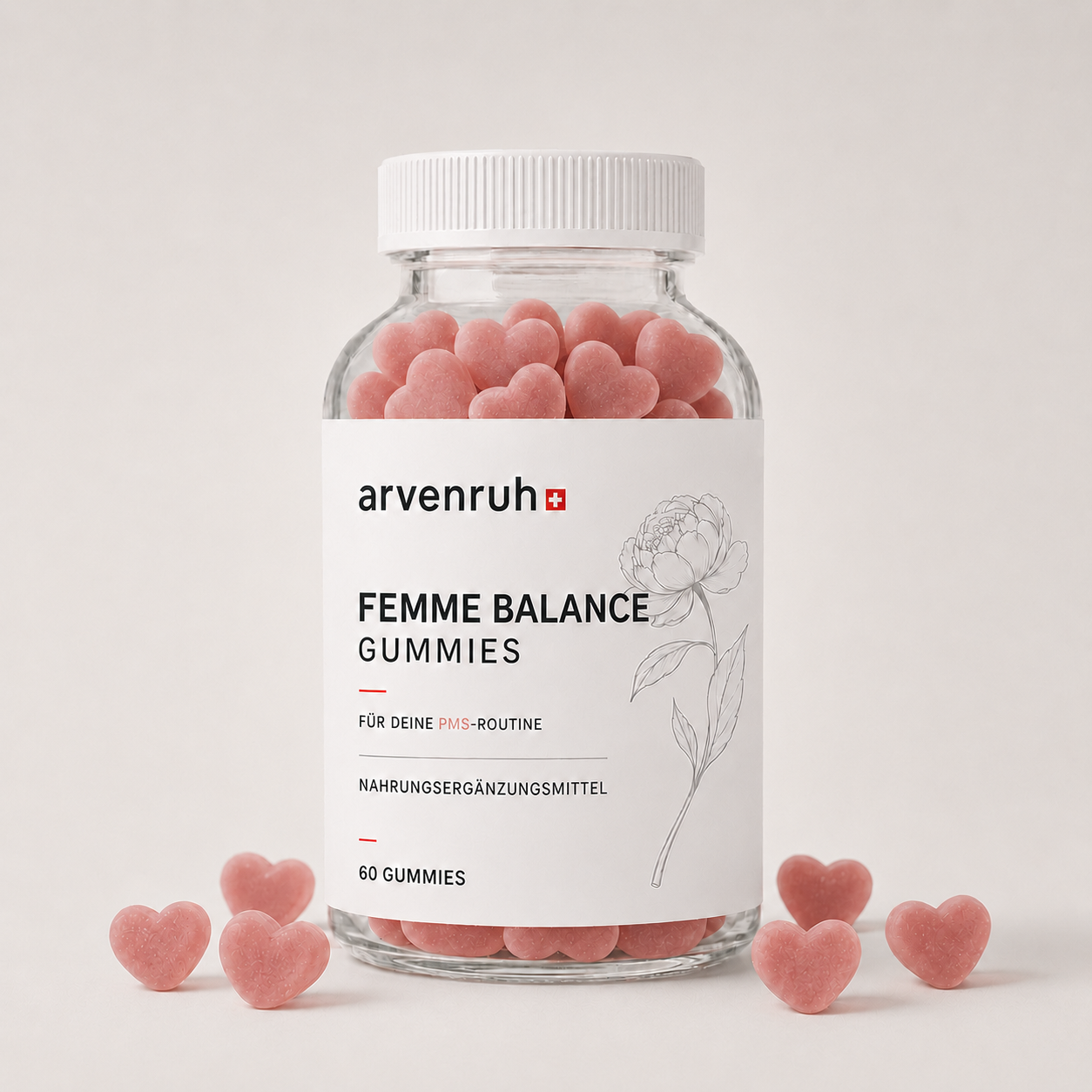 arvenruh. femme balance gummies nr. 05 — weisse dose mit herzförmigen gummies