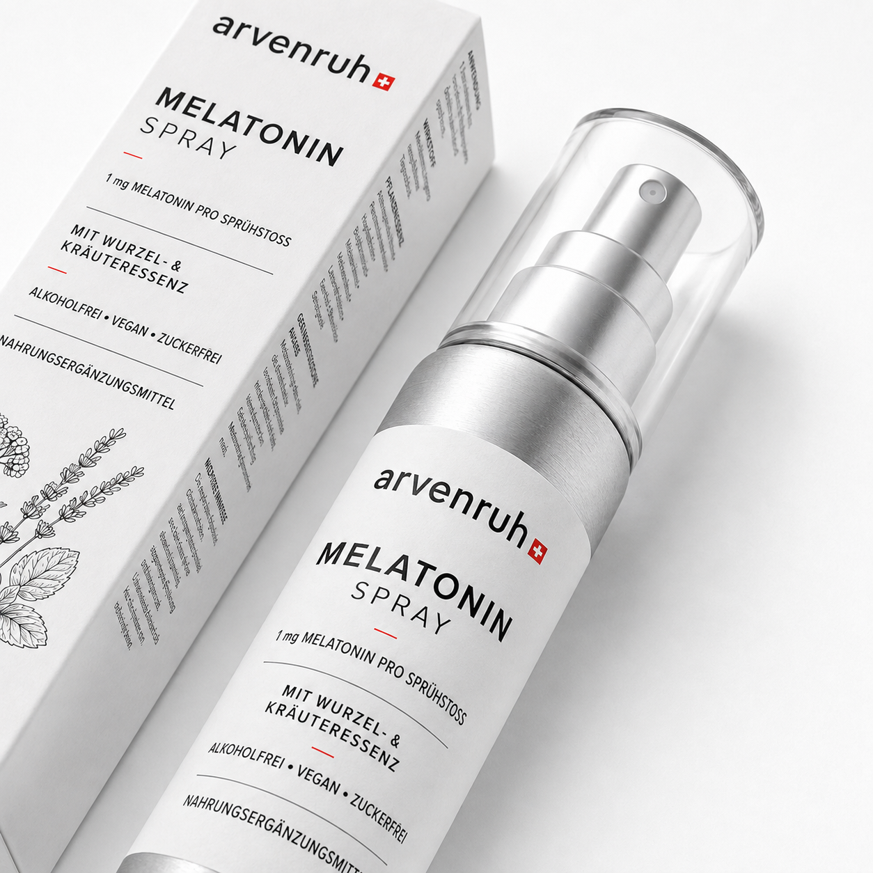 arvenruh. melatoninspray nr. 01 — weisse verpackung neben der aluminium sprühflasche