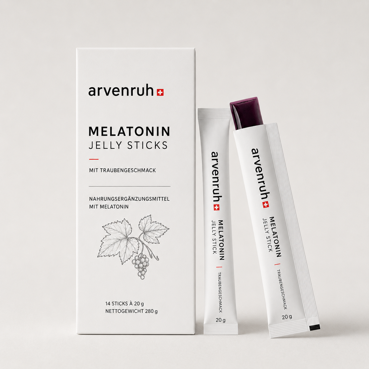 arvenruh. melatonin jelly sticks nr. 04 — weisse schachtel neben zwei sticks mit traubengeschmack