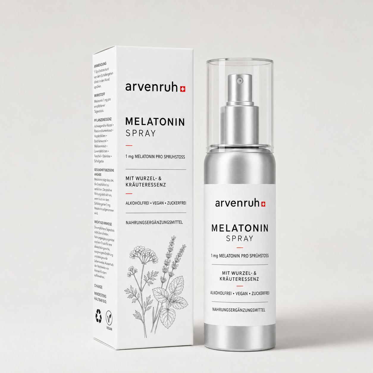 arvenruh. melatoninspray nr. 01 — weisse faltschachtel neben der silbernen sprühflasche